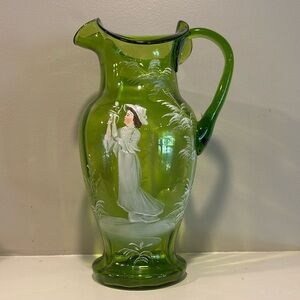 Antique Hand Painted Mary Gregory Emerald Green Hand Blown Glass Pitcher
